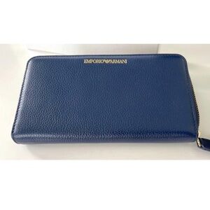 Emporio Armani Blue Leather Zip Around Wallet Unisex‎ Cervo Pebbled Organizer